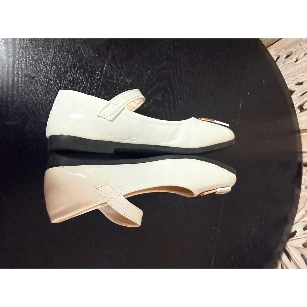 Hongchengkids White Patent Mary Jane Flats Gold Buckle Square Toe EU 32